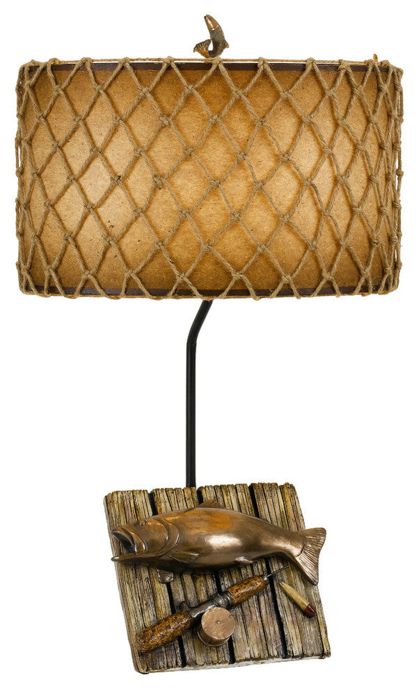 150W Fishing Resin Table Lamp, Cast Bronze Finish, Brown Shade