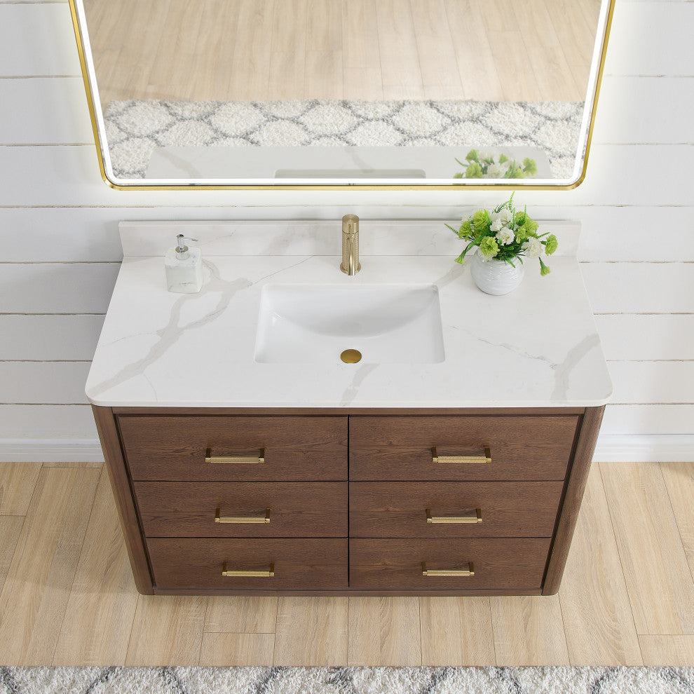 Porto Bath Vanity with White Quartz Stone Top, Dark Brown Oak, 48 in., No Mirror