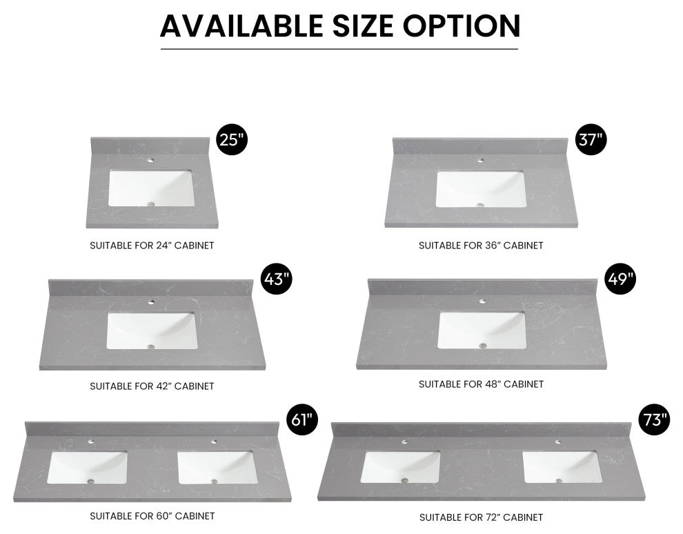 Malaga Composite Stone Vanity Top With Ceramic Sink, Reticulated Gray, 61"