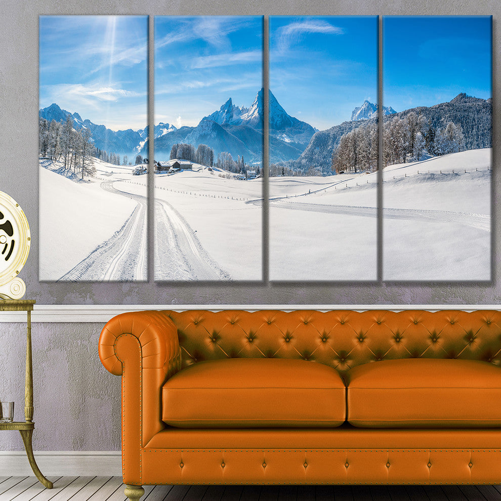 Winter in Bavarian Alps Panorama, Landscape Canvas Art Print, 48"x28", 4 Panels