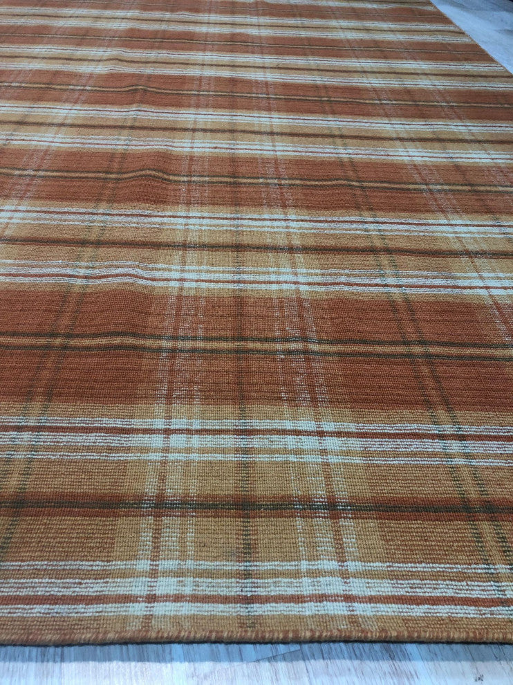 EORC Orange Hand Knotted Wool Plaid Rug, 8'x10'