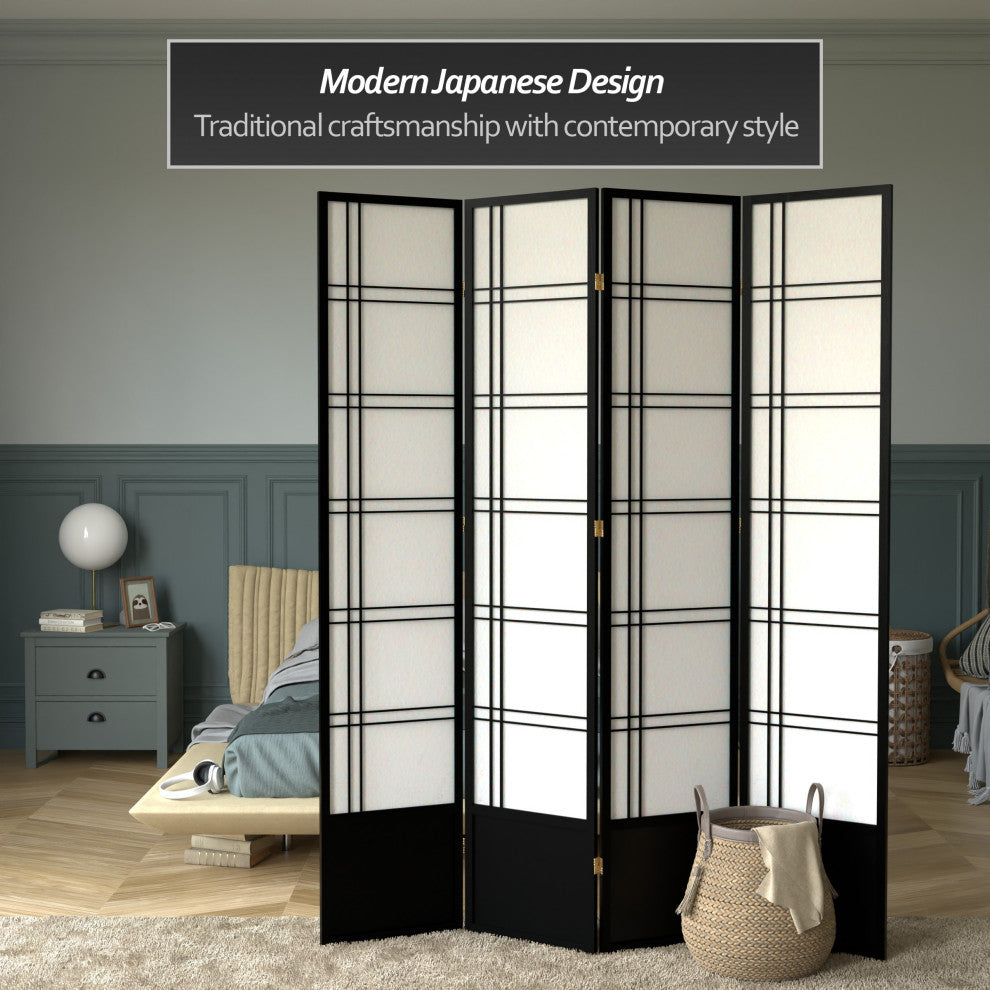 7' Tall Double Cross Shoji Screen, Black, 4 Panels