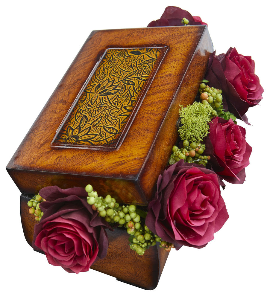 Roses Artificial Arrangement in Decorative Chest, Burgundy