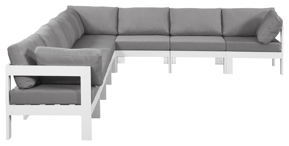 Nizuc Water Resistant Patio L-Shaped Modular Sectional, Gray, 8-Piece: 5 Armless Chair, 3 Corner Chair, White Aluminum Frame