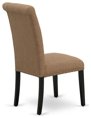 5Pc Dining Set, Round Table, Four Parson Chairs, Light Sable Fabric, Black