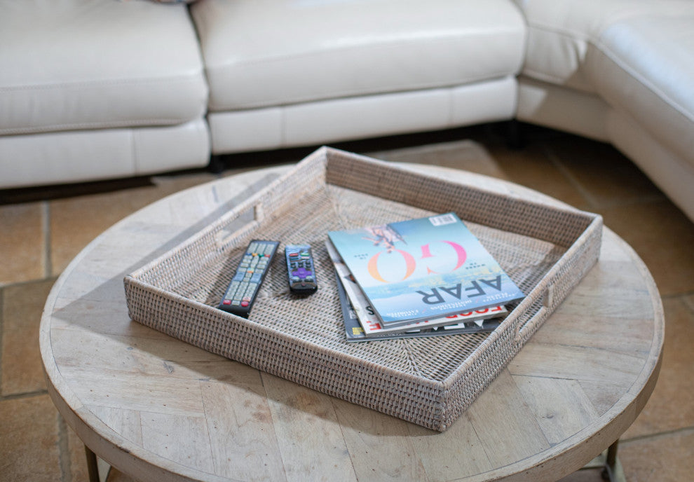 Artifacts Rattan™ Square Ottoman Tray with Cutout Handles, White Wash, 24"x24"