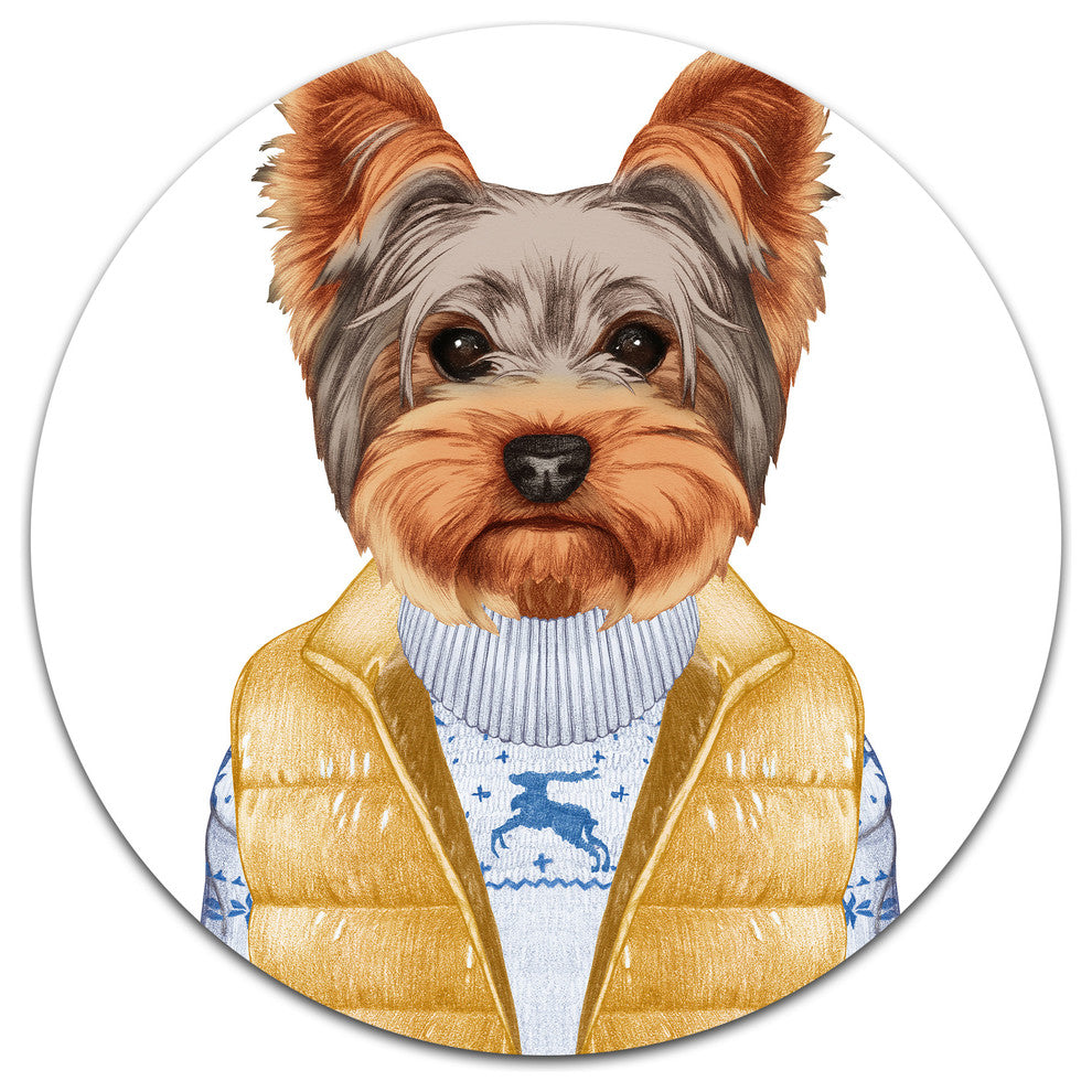 Terrier In Down Vest And Sweater, Modern Animal Disc Metal Artwork, 23"