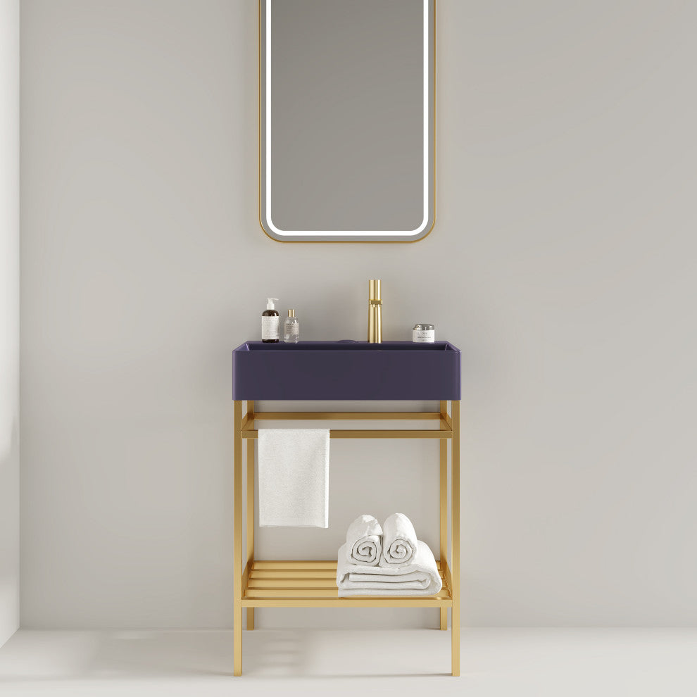 24" Freestanding Bathroom Vanity Set With Glossy Ceramic Basin, Gold