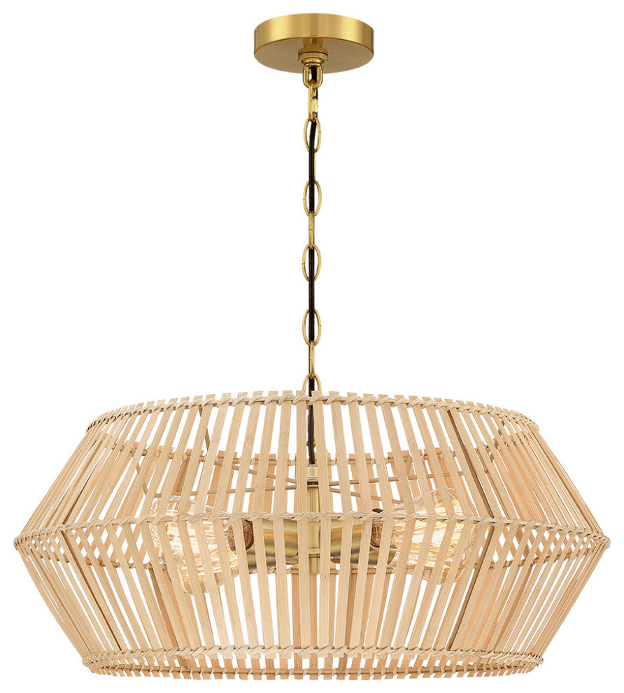 22" W 4 Light Bohemian Bamboo Chandelier With Brass Canopy