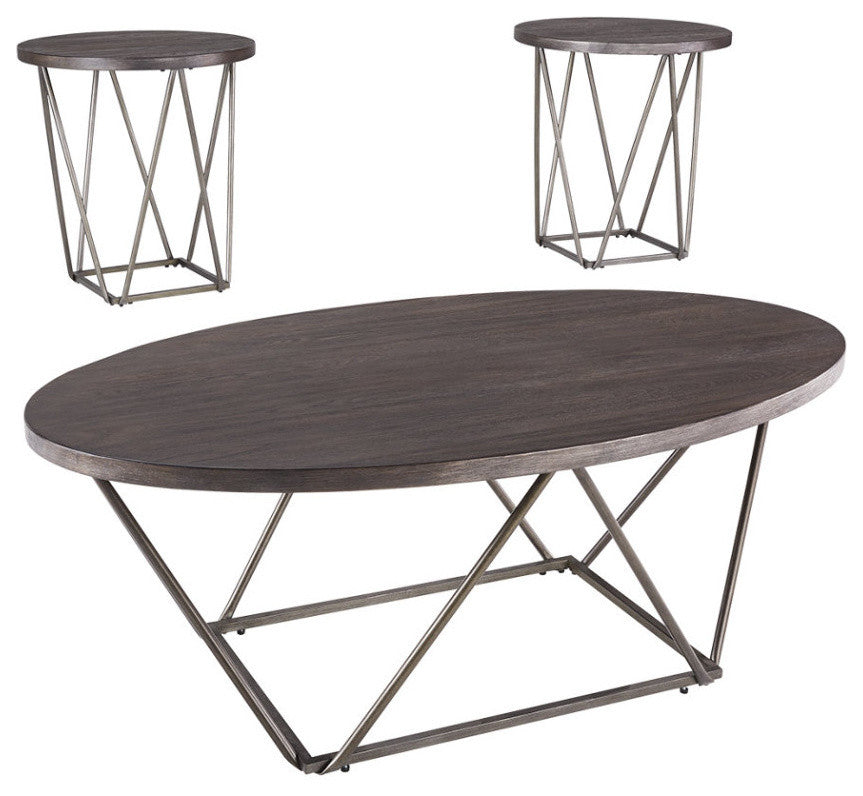 Benzara BM190131 Elm Wood Table Set Bridge Metal Base, Set of 3, Brown & Gray