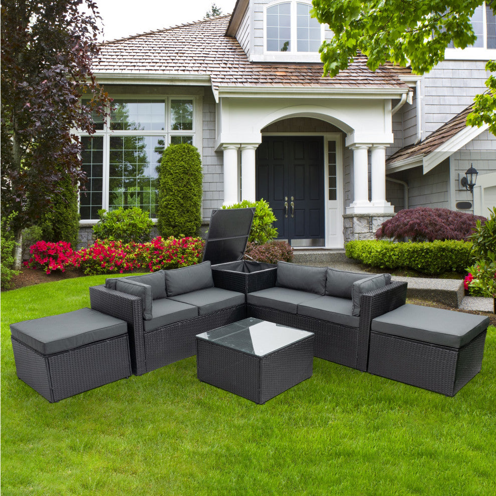 6-Pieces Outdoor Rattan Reversible Patio Sectional With Storage With Cushions