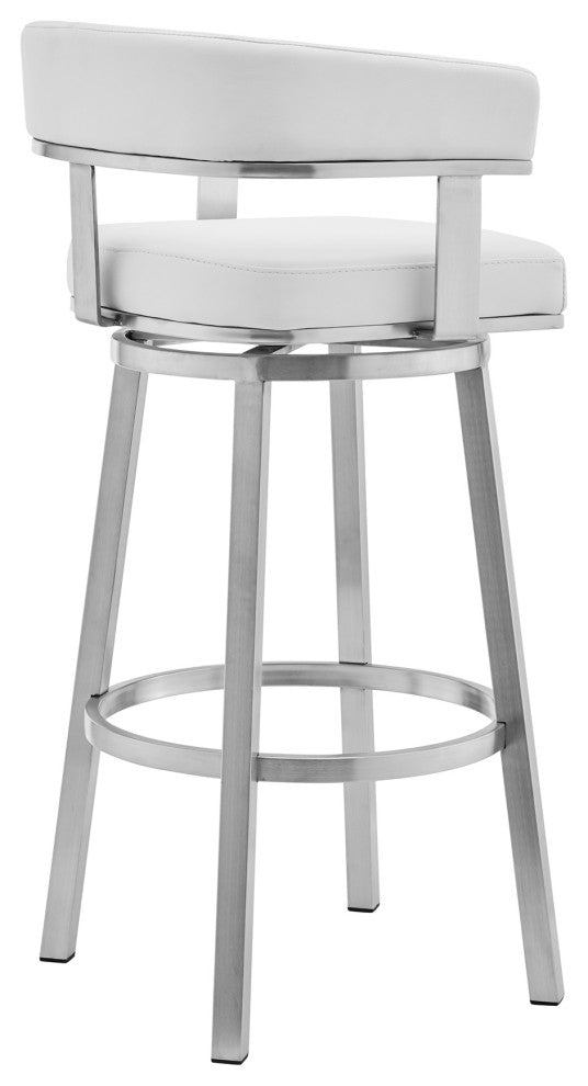 Cohen Swivel Bar Stool, Faux Leather, Brushed Stainless Steel and White, 30"