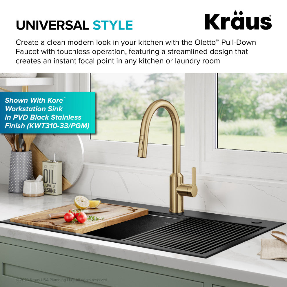 Oletto Touchless Sensor Pulldown Single Handle Kitchen Faucet, Brushed Brass