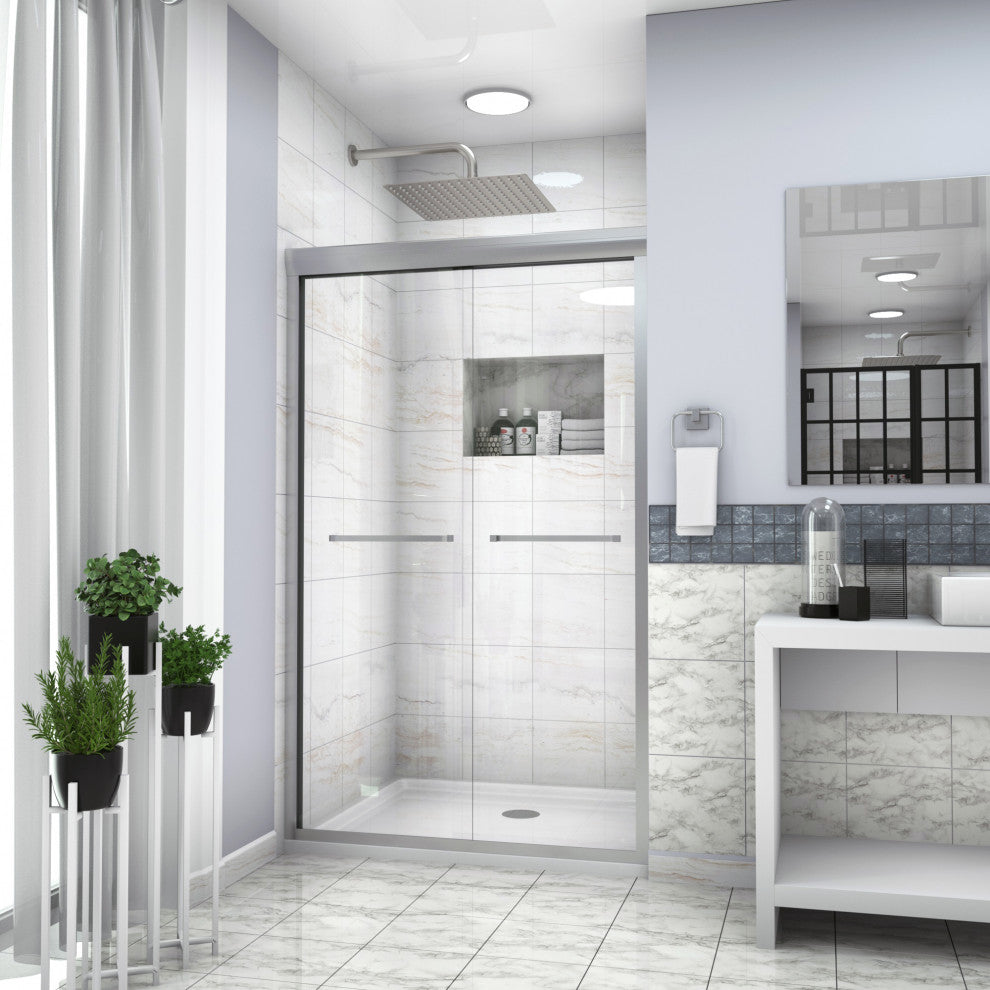 48" W x 76" H Semi-Frameless Double Sliding Shower Door, Brushed Nickel