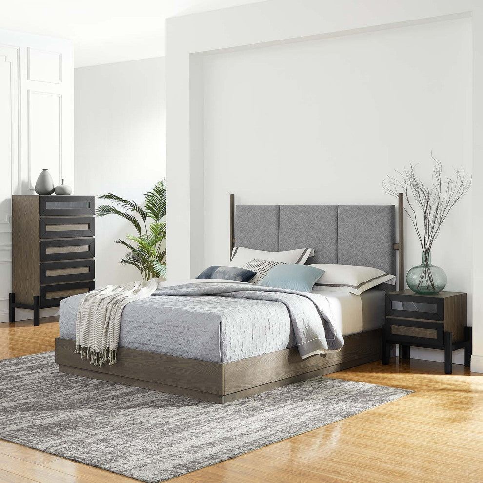 Platform Bed Dresser Chest Nightstand Set, Queen, Brown Oak, Wood, Modern