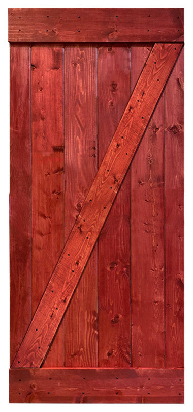 Stained Solid Pine Wood Sliding Barn Door, Cherry Red, 30"x84", Z Bar