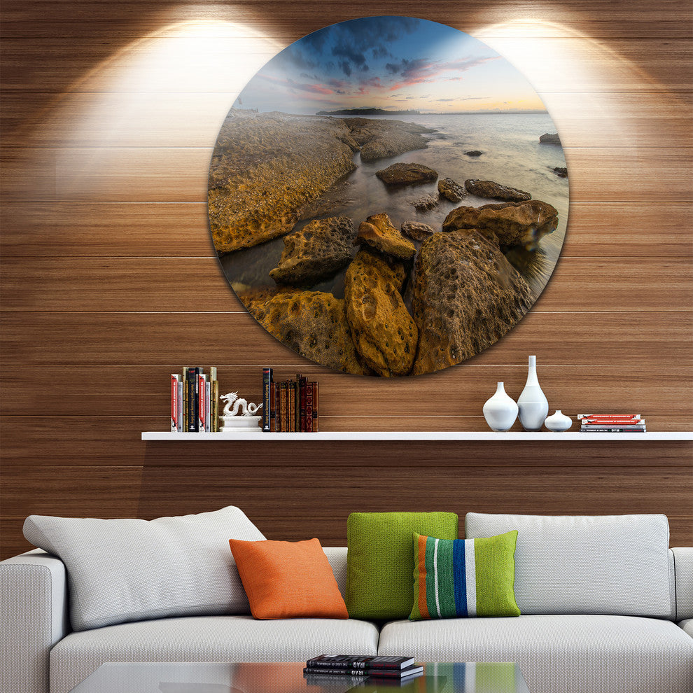 Brown Rocks At Sydney Beach, Seashore Round Wall Art, 11"