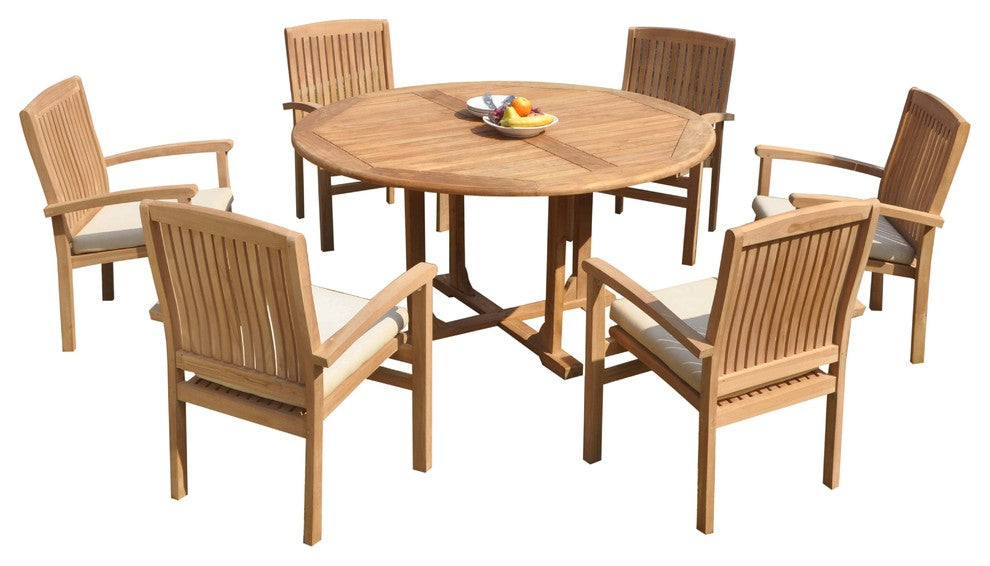 7-Piece Outdoor Teak Dining Set: 60" Round Table, 6 Wave Stacking Arm Chairs