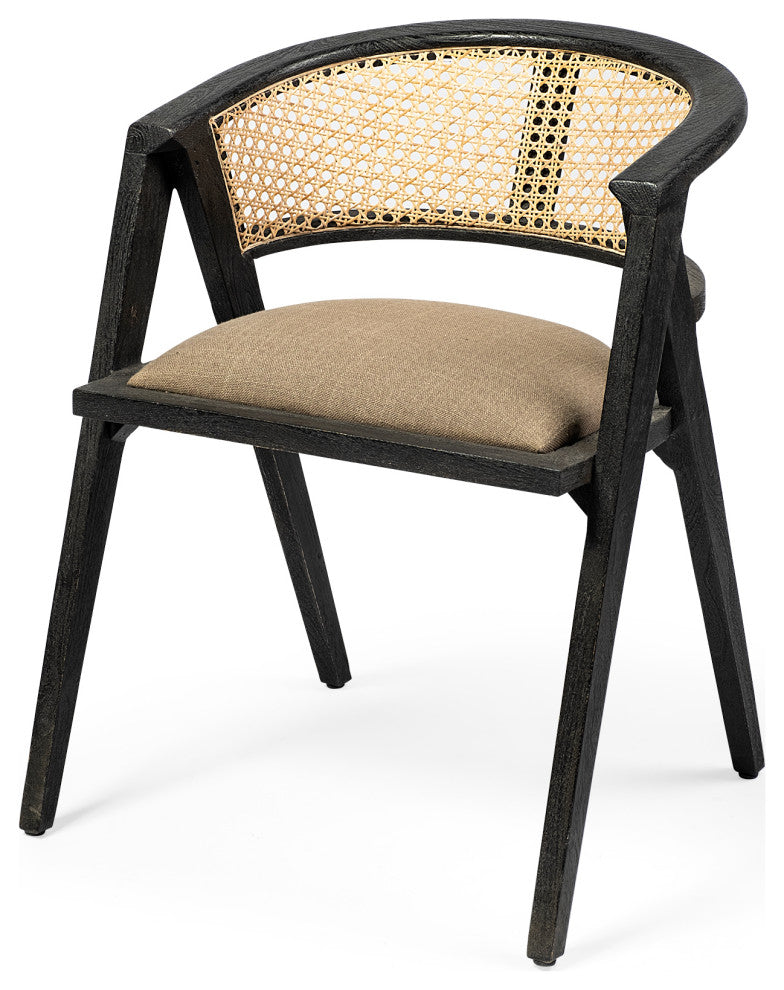 Tabitha Beige Fabric With Black Solid Wood Frame and Cane Back Dining Chair