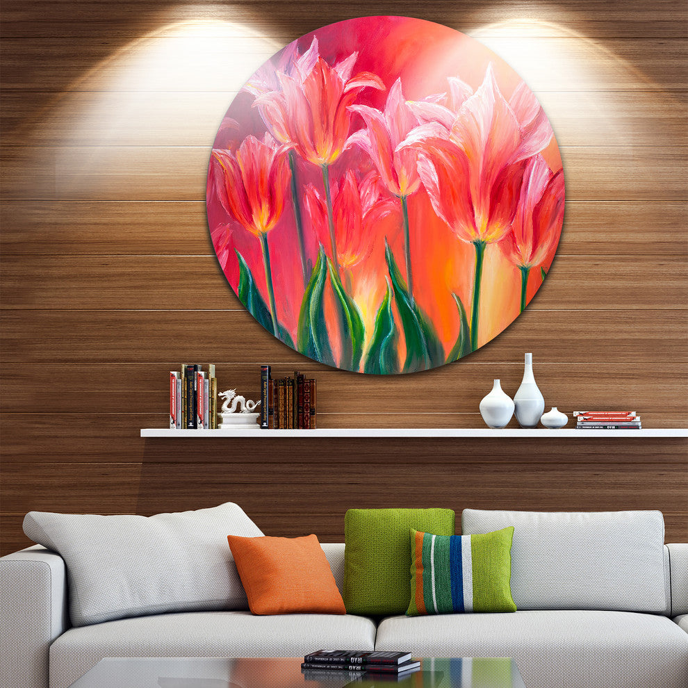 Tulips In Red Shade, Floral Round Metal Wall Art, 11"