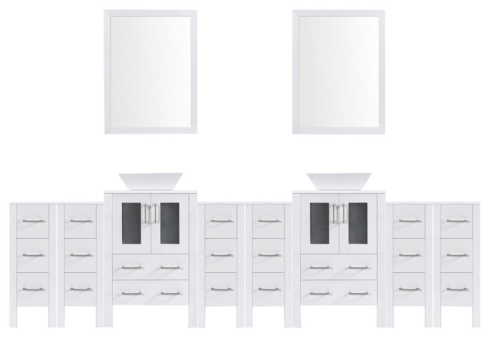 Modern Vanity Set With Two Sink Bases With Mirrors and Six Drawer Bases, White,