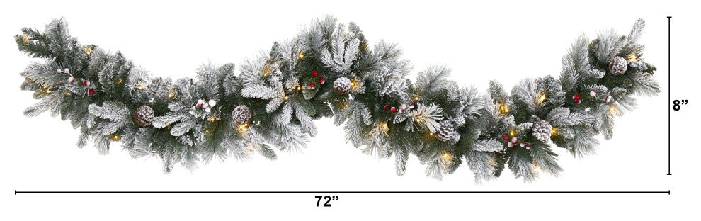 6' Flocked Mixed Pine Faux Xmas Garland W/ 50 LED Lights, Pine Cones and Berries