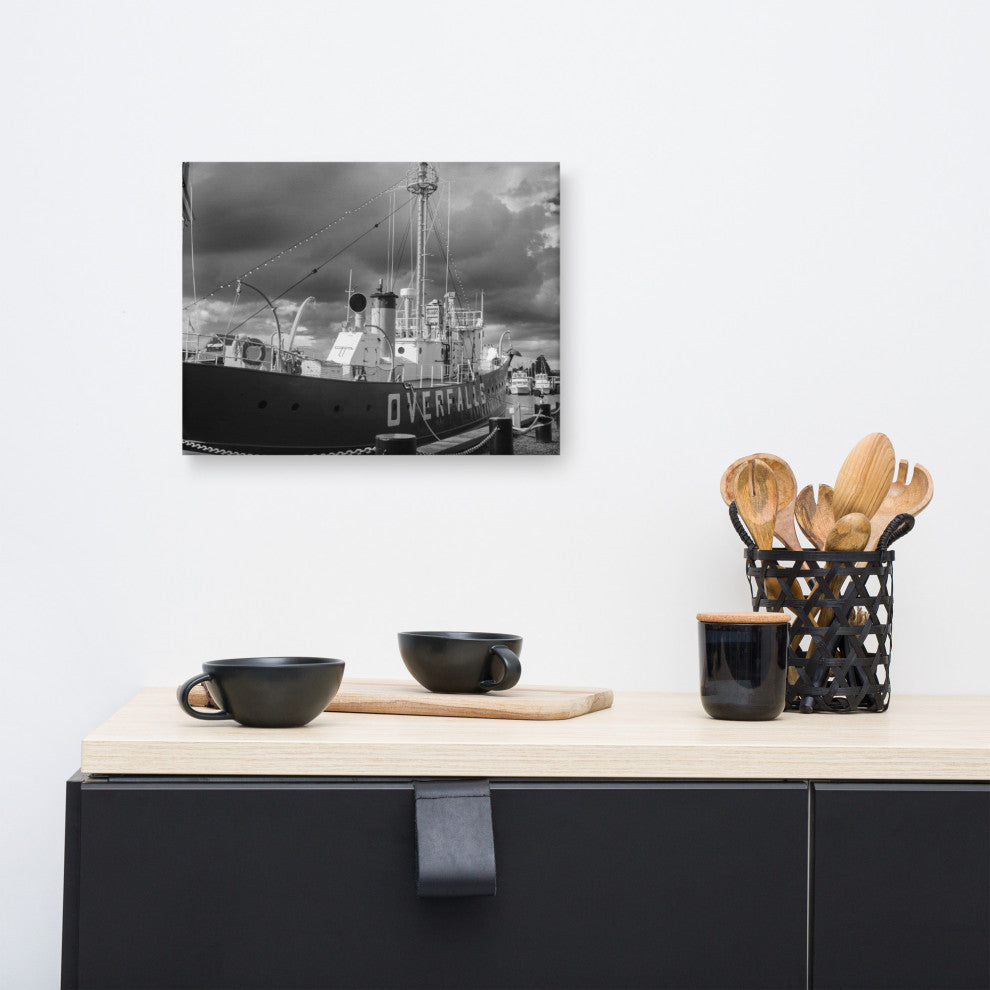 Overfalls Lightship Black & White Photo Canvas Wall Art Print, 12" X 16"