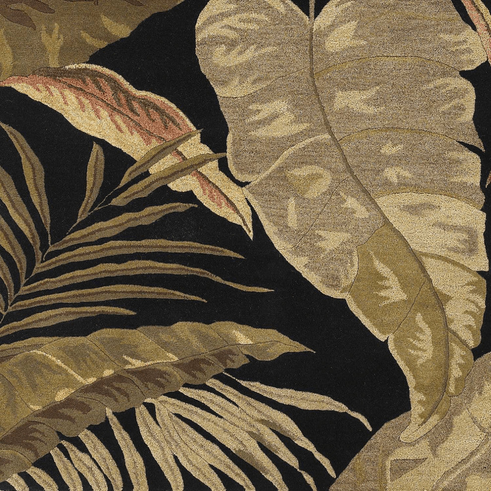5'X8' Midnight Black Hand Tufted Tropical Leaves Indoor Area Rug