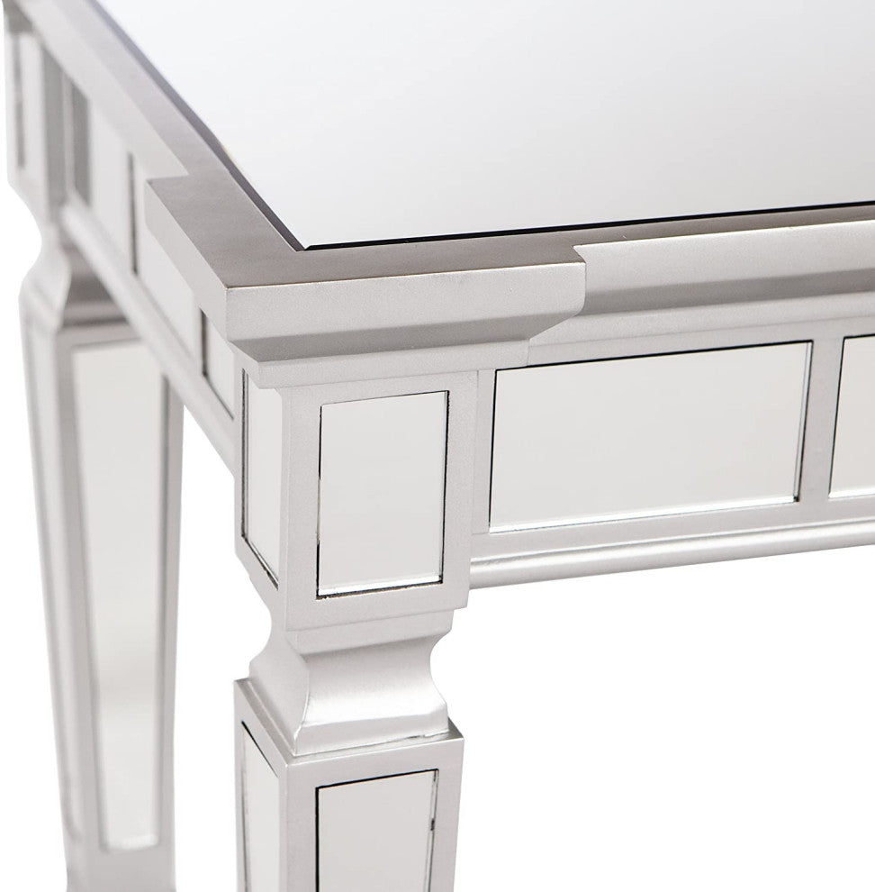 Mirrored Console Table, Elegant Tapered Legs and Beveled Top, Matte Silver