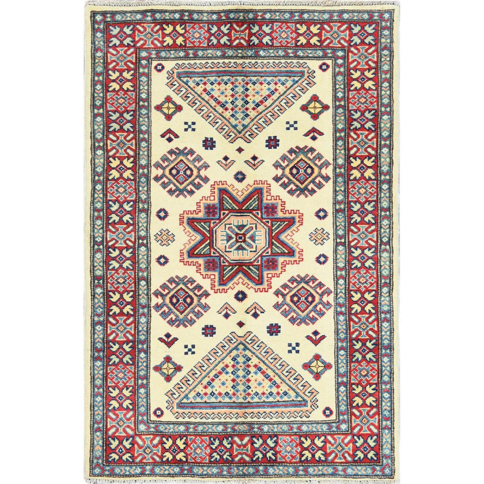Afghan Special Kazak, Shiny Wool, Hand Knotted, Ivory, Oriental Rug, 3'0" x 4'8"