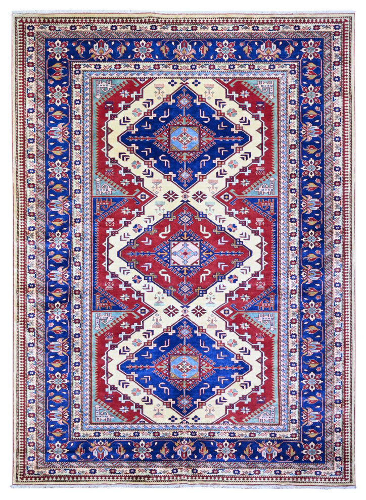 Feather White Afghan Weave Super Kazak Pure Wool Oriental Rug, 6'9"x9'4"