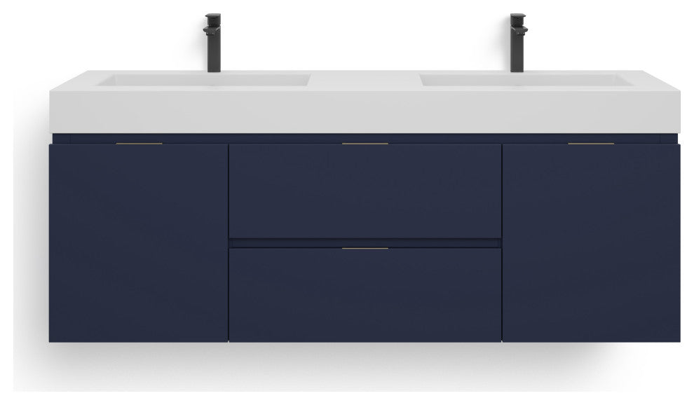Boutique Bath Vanity, Blue, 60", Double Sink, Wall Mount