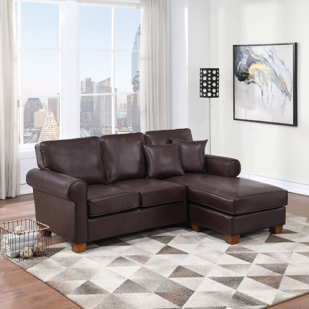 Rylee Rolled Arm Sectional, Cocoa Faux Leather With Pillows and Coffee Legs