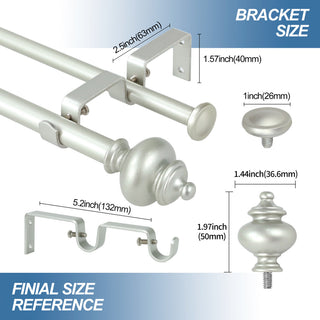 Round Urn Adjustable Double Curtain Rod Set, 5/8", Pewter, 28"-48"