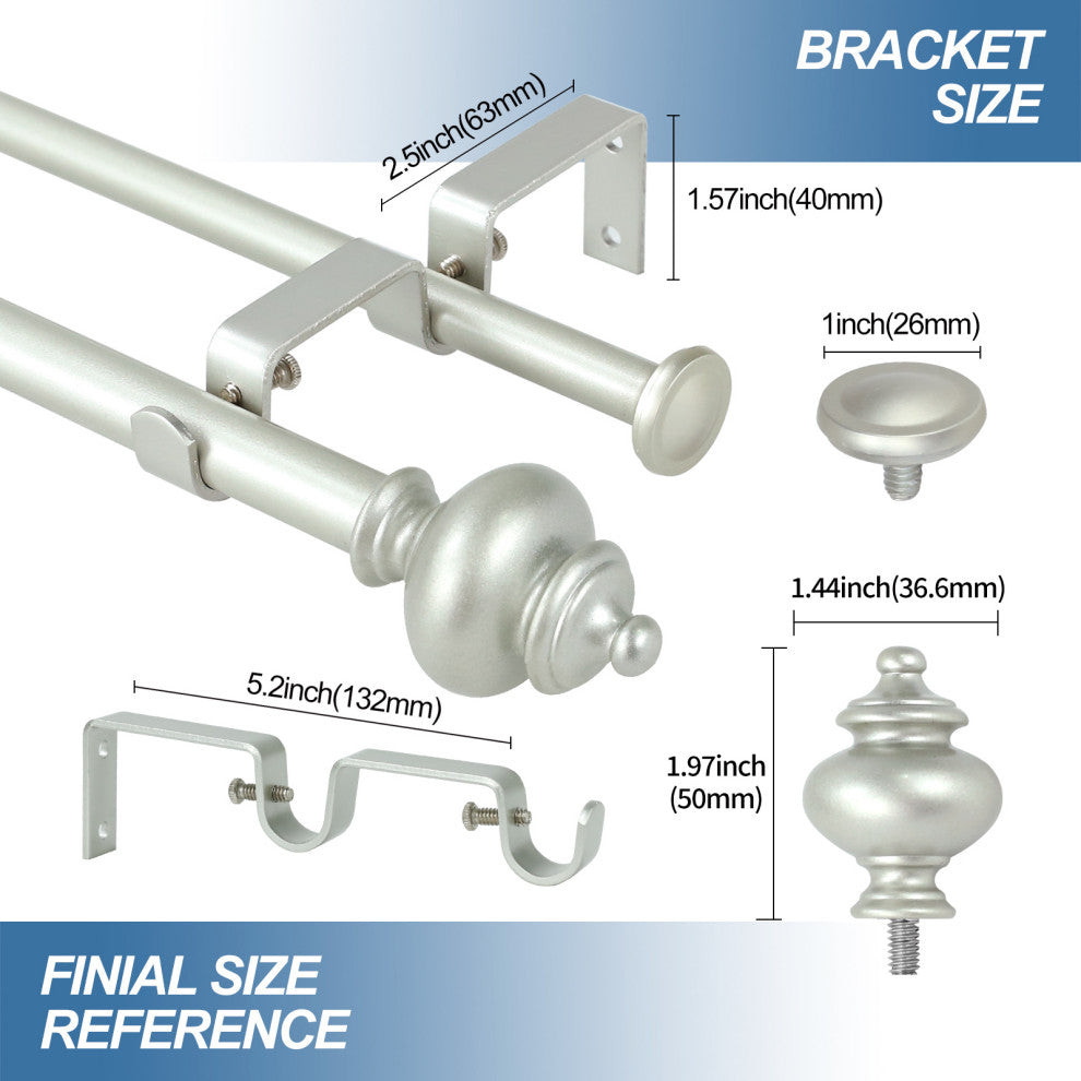 Round Urn Adjustable Double Curtain Rod Set, 5/8", Pewter, 28"-48"