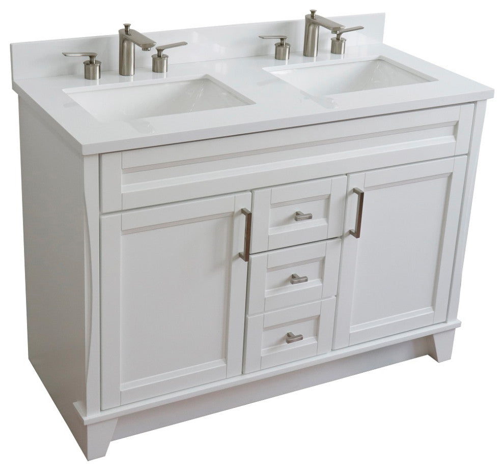 48" Double Sink Vanity, White Finish With Engineered Stone Top, Rectangle Sink