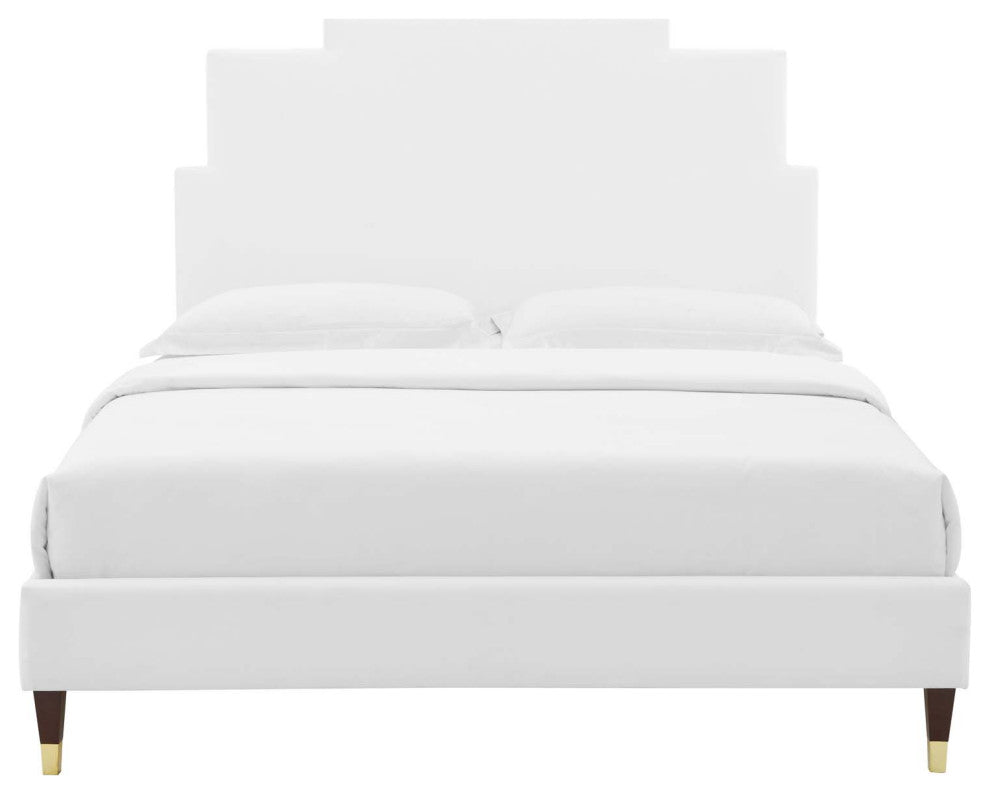 Platform Bed Frame, Full Size, Velvet, White, Modern Contemporary, Bedroom
