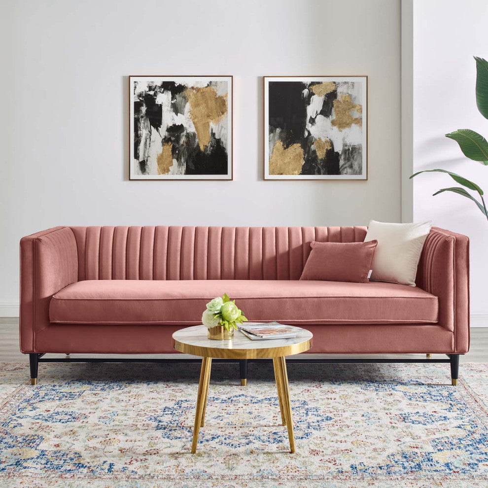 Tufted Sofa, Velvet, Pink, Modern, Living Lounge Room Hotel Lobby Hospitality