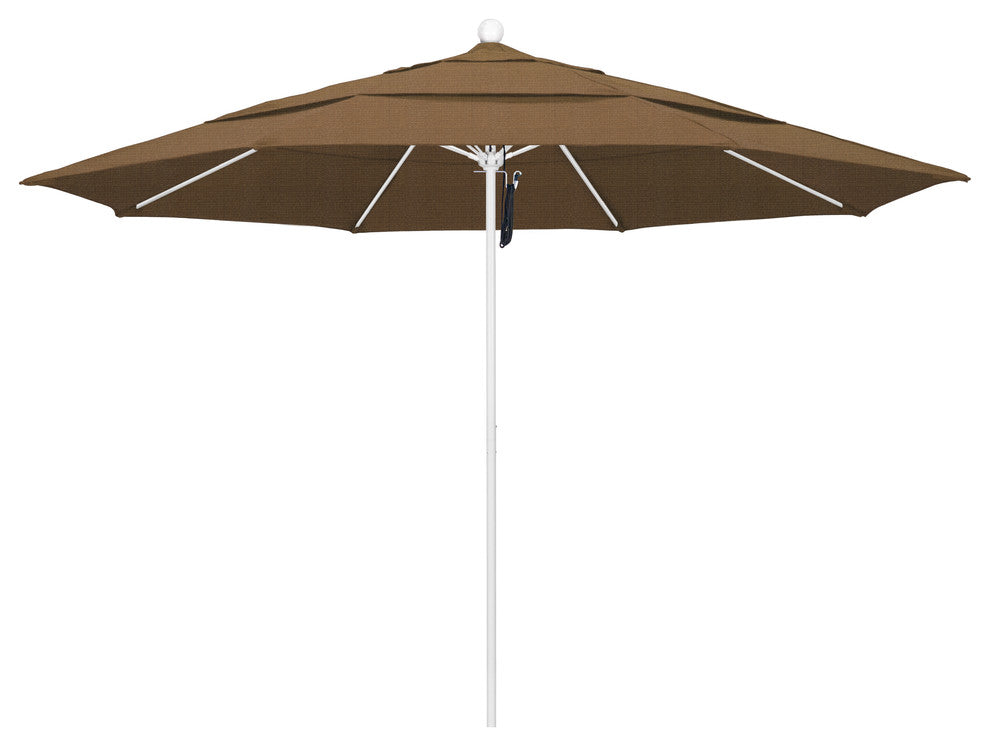 11' Fiberglass Umbrella With White Frame, Woven Sesame, 11'