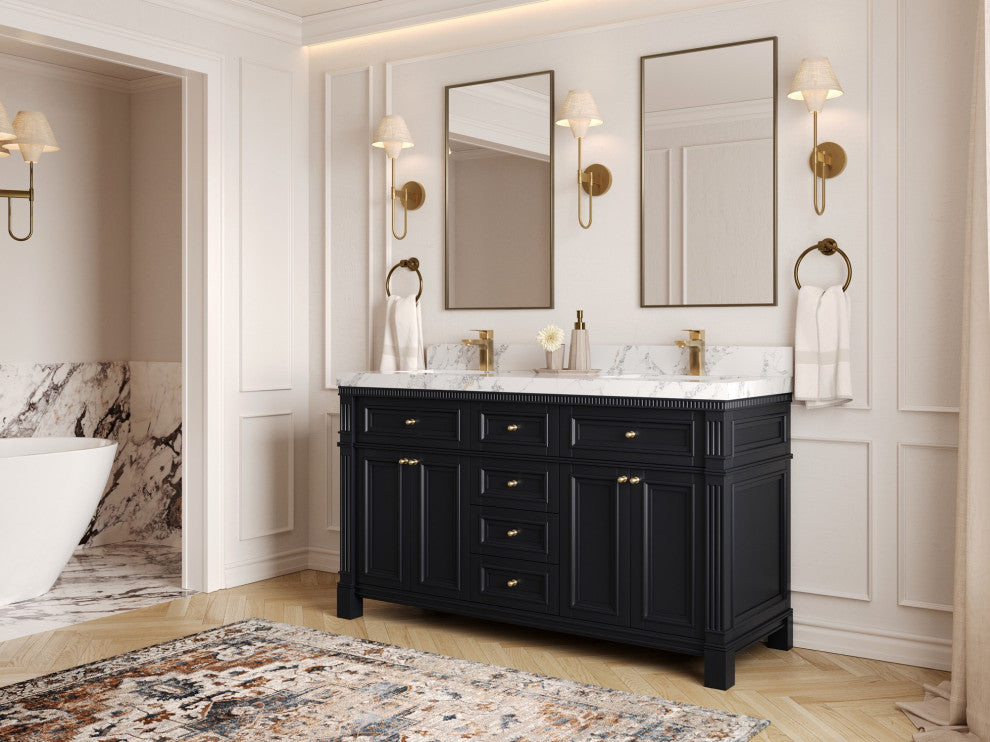 Paris 60" Double Sink Bathroom Vanity, Black 2" Calacatta Nuvo