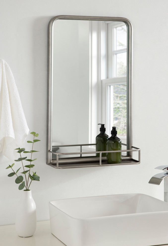 Estero Metal Framed Radius Rectangle Wall Mirror With Shelf, Silver 18x30