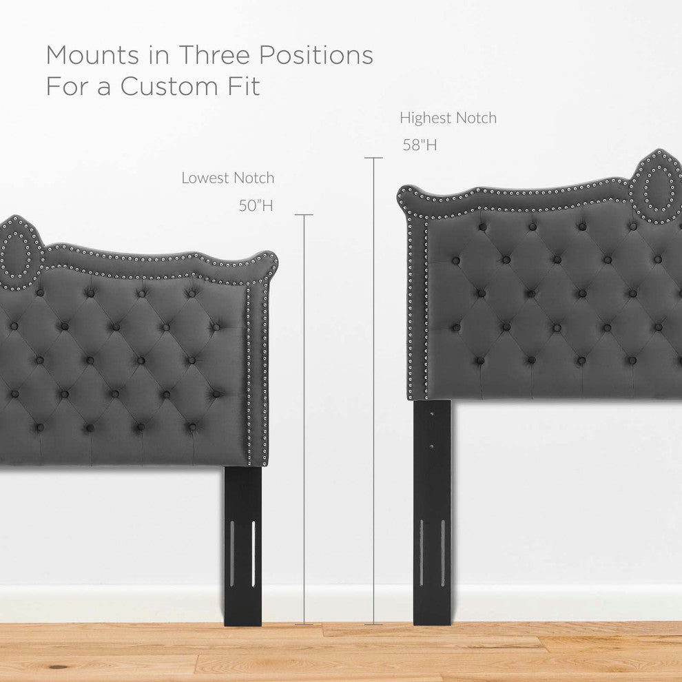 Tufted Headboard, Nailhead, Twin Size, Charcoal Gray, Velvet, Modern