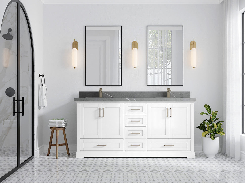 Boston 72 Double Sink Bath Vanity in White 2" Piatra Gray