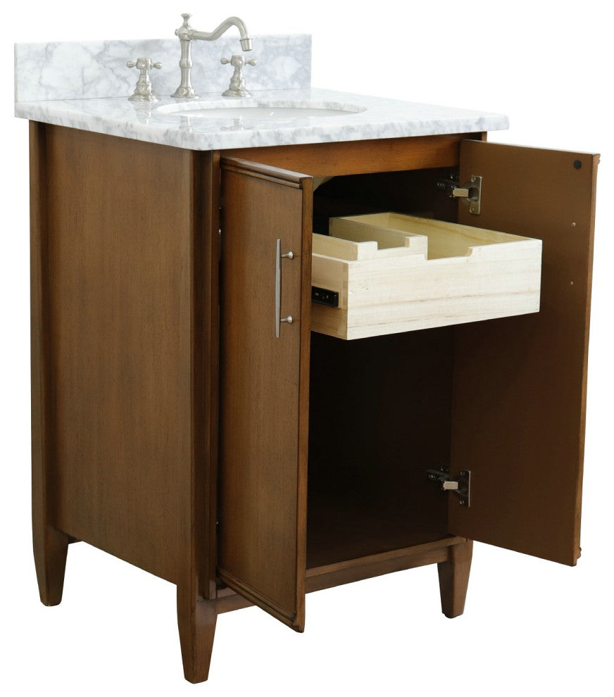 25" Single Sink Vanity, Walnut Finish, White Carrara Marble and Oval Sink