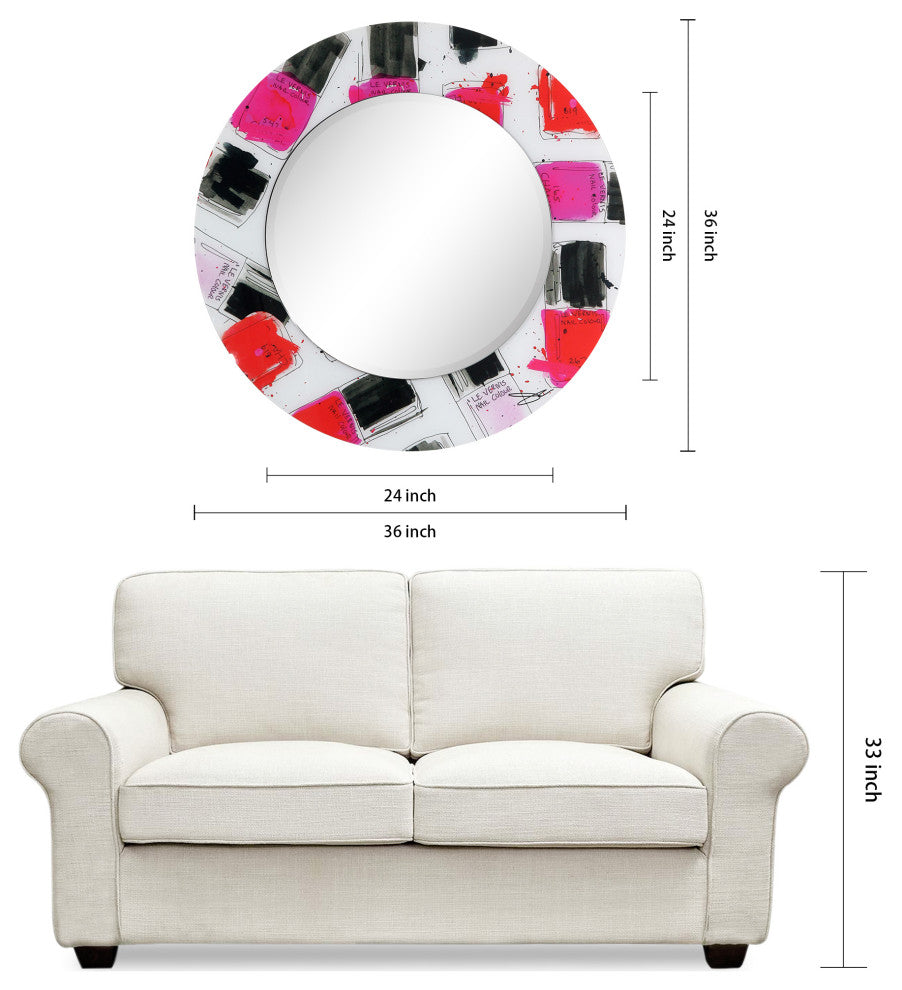 "Candy" Round Beveled Wall Mirror on Floating Printed Tempered Art Glass