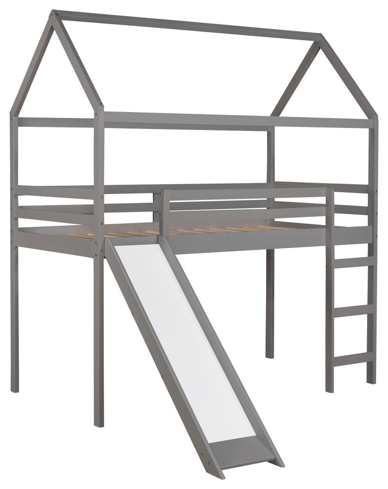 Gewnee Twin Loft Bed with Slide, House Bed with Ladder in Gray