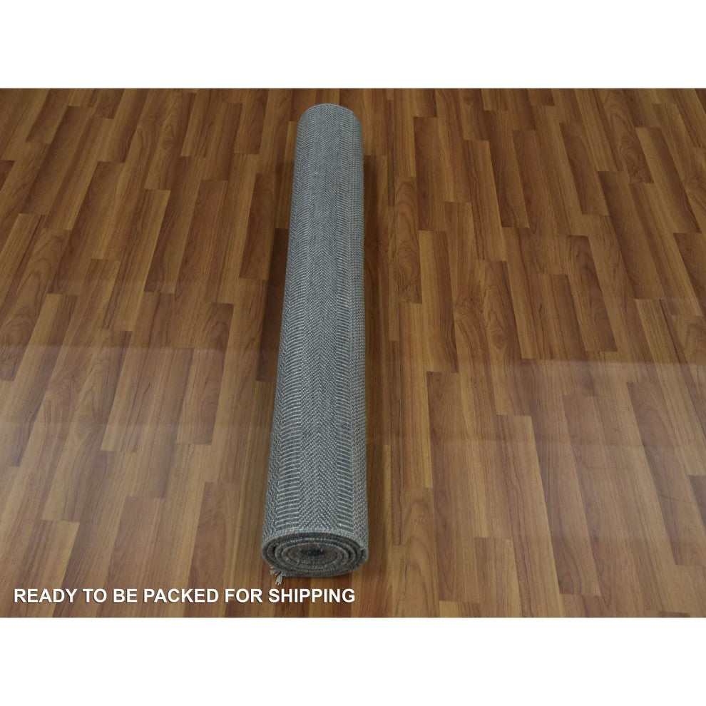 Charcoal Gray Tone on Tone Wool and Silk Hand Knotted Wide Runner Rug, 3'10"x7'
