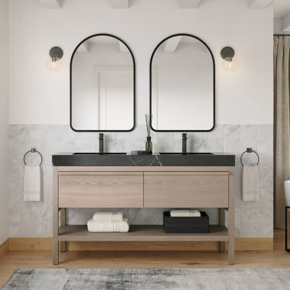 Shoji Bath Vanity, Chestnut Oak, 60", Double Sink, Freestanding