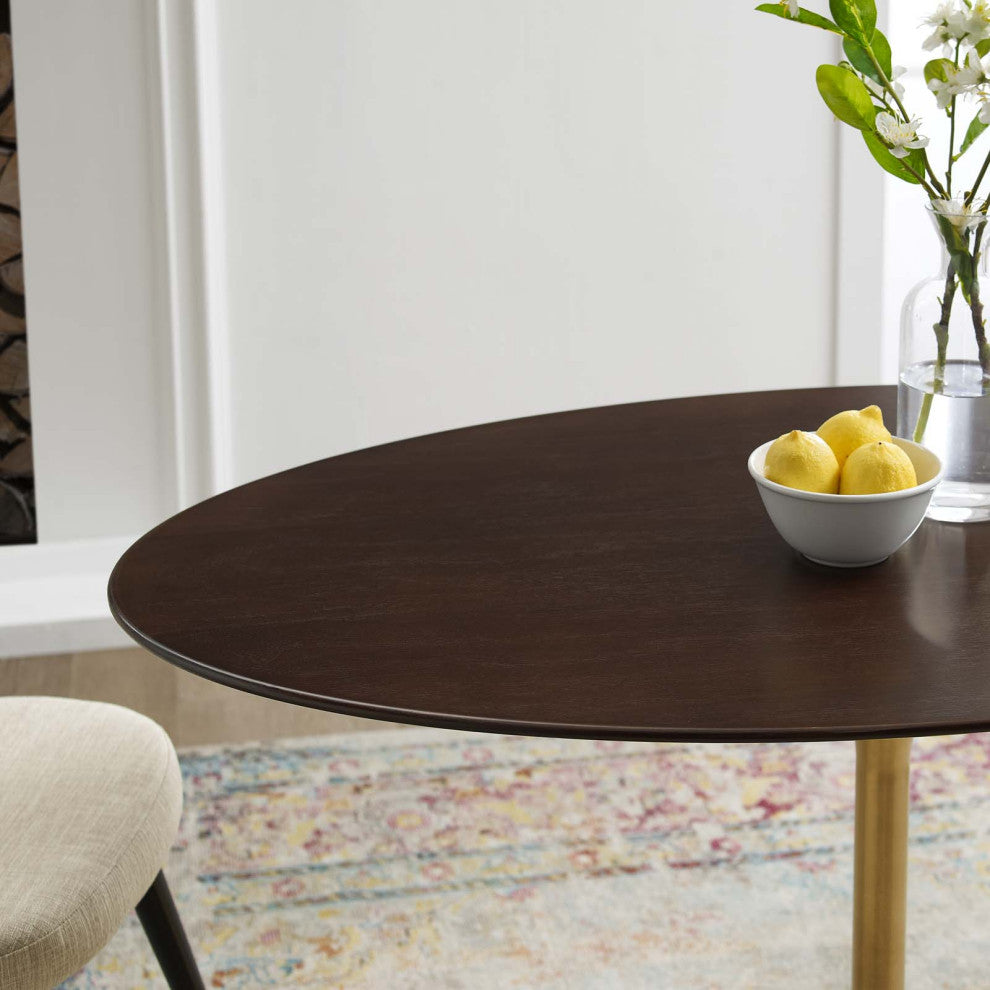Dining Table, Oval, Wood, Gold Dark Brown Brown Walnut, Cafe Bistro Restaurant