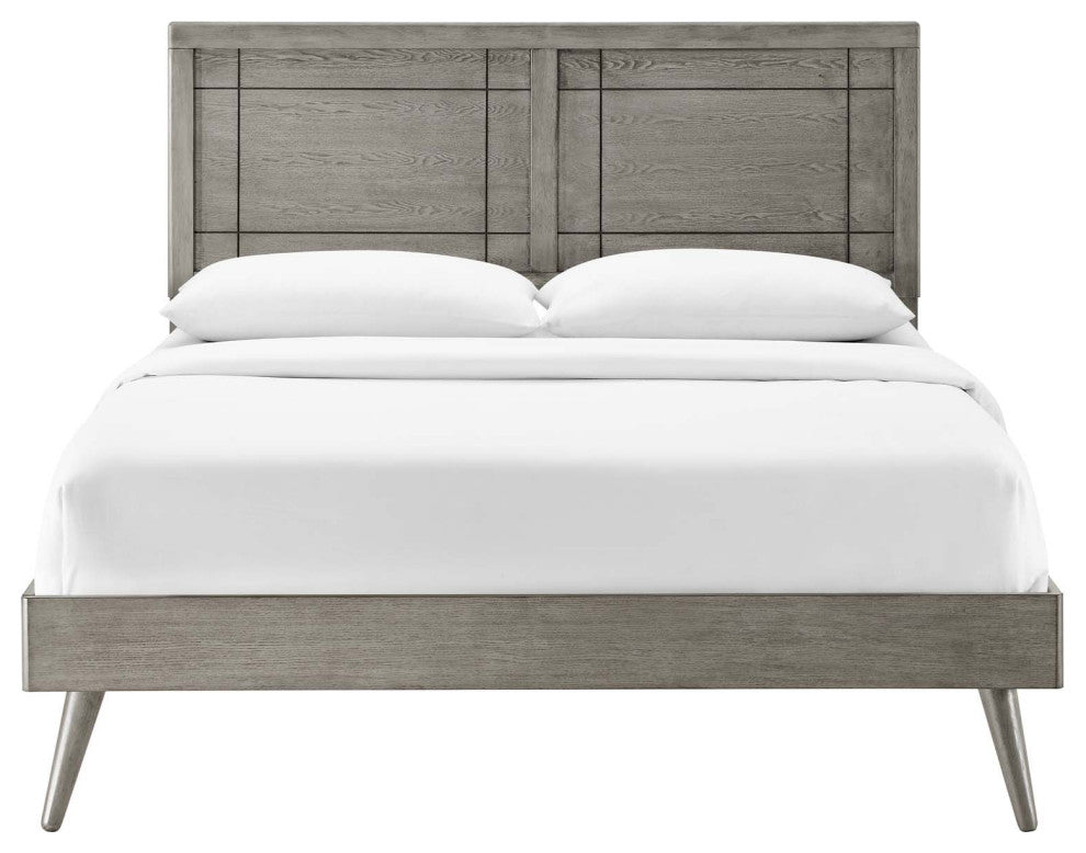 Platform Bed Frame, King Size, Wood, Gray, Modern Mid-Century, Bedroom